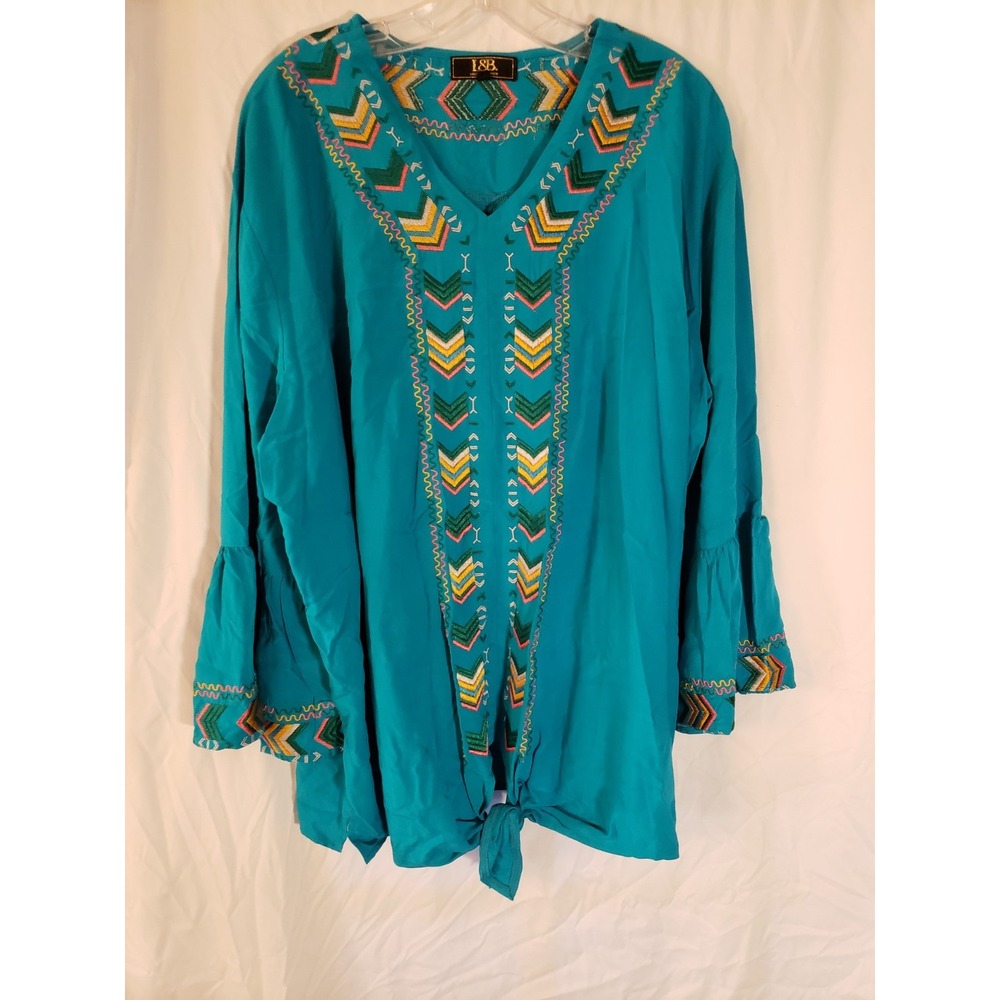 Women's Lucky And Blessed Turquoise Embroidered Long Sleeve Blouse Size 3X